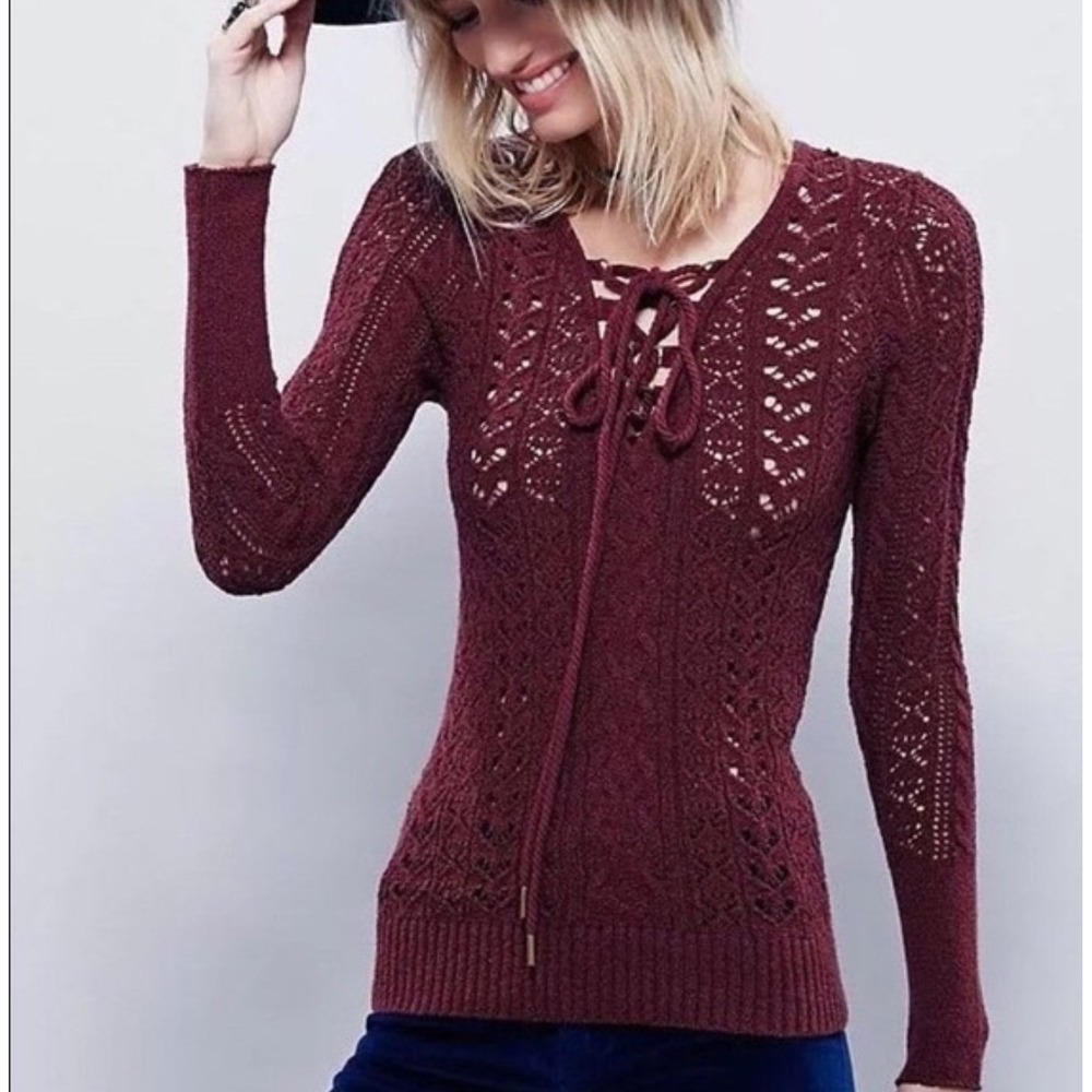 Free People Sweater Womens Long Sleeve Lace Up Knit Burgundy‎ Small S